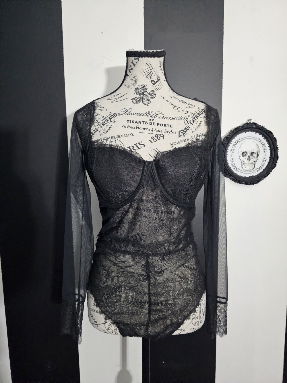 Victoria's Secret Black Sheer Lace Long-Sleeve Bodysuit